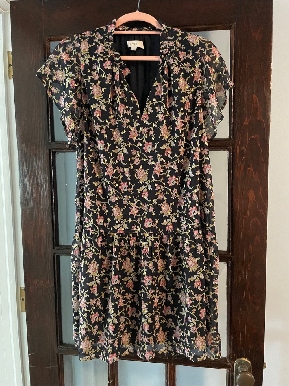LOFT Black Floral V-Neck Flutter Sleeve Mini Dress